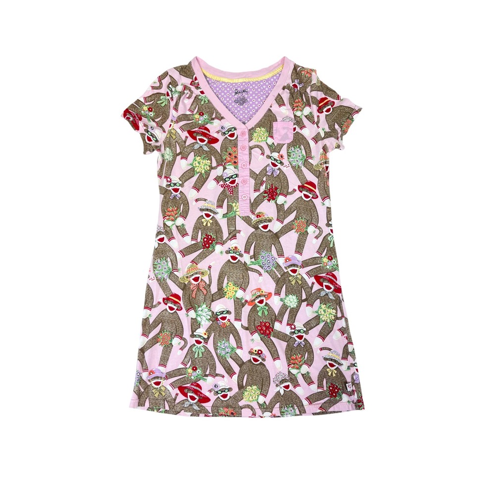 Nick & Nora Retro Pink Sock Monkey Short Sleeve Nightgown Sleep Shirt Size Small